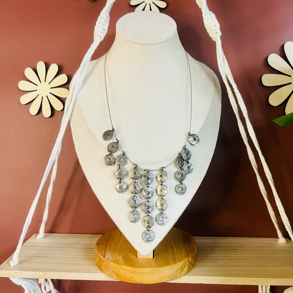 Chico's Jewelry - Chico's Silver Bib Necklace Round Metal Dangle Links Wire Strung Designer